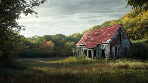 Weathered farmhouse stands quietly amid golden autumn meadow.