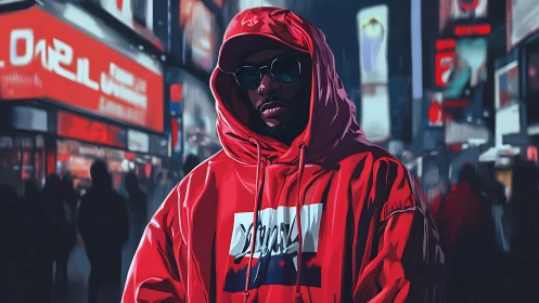 Urban portrait isolates hooded figure in saturated red lighting