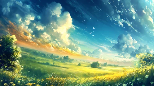 Sunlit meadow panorama under sweeping cinematic sky.