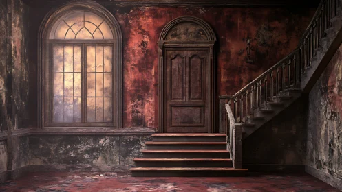 Decayed neoclassical stair hall with distressed timber door.