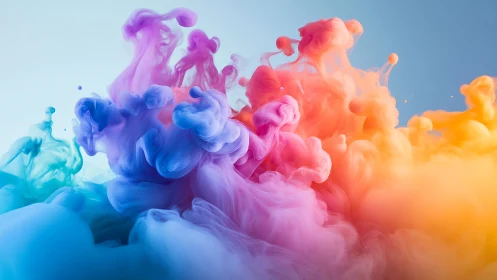 Colored liquid plumes forming abstract cloud structures.