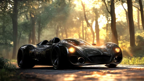 Streamlined black concept roadster in a backlit forest setting.