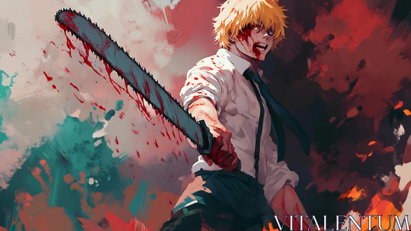 Blood-soaked anime fighter wields forward-thrust chainsaw blade