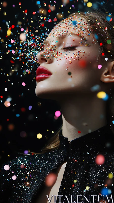 Woman in glitter dress with confetti suspended around face