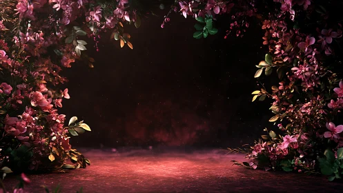 Luminous Floral Gateway: Pink Blossoms Frame Mystical Stage.