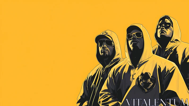 Hooded hip hop trio stands against flat yellow backdrop