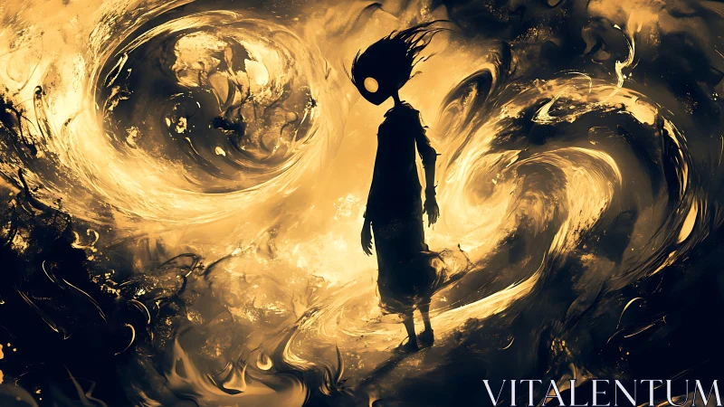 Shadow figure stands within swirling golden void storm