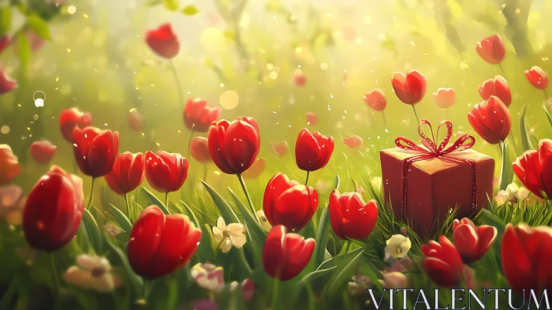 Red tulip meadow with gift box under golden spring light.