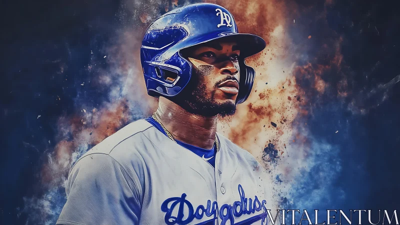 Electric ballplayer framed by cosmic clouds of color.