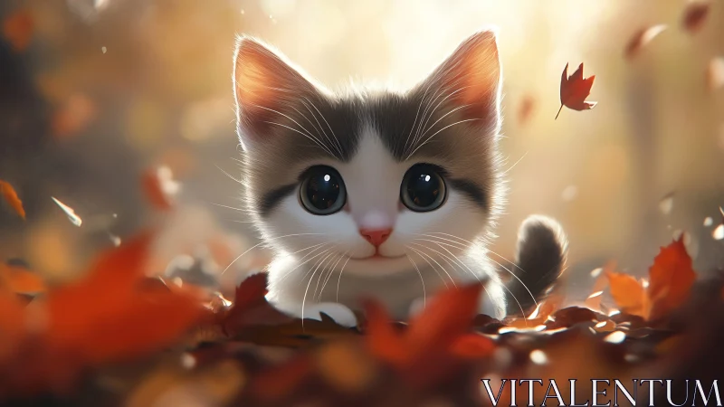 Luminous Kitten Among Autumn Leaves.