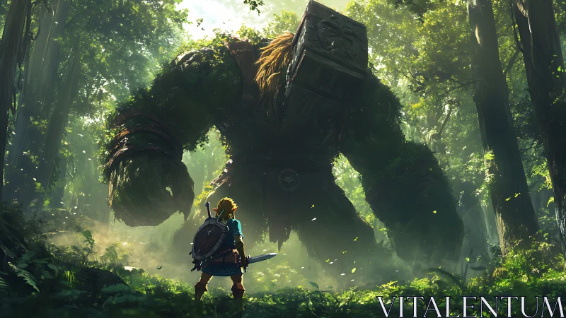 Human figure facing large forest golem in dense woodland.