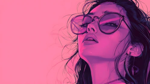Vibrant pink portrait of woman in oversized sunglasses profile.