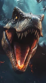 Fire-breathing dinosaur roars through stormy primal ocean.