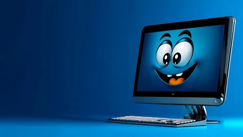 Cheerful cartoon face brightens a sleek desktop monitor.