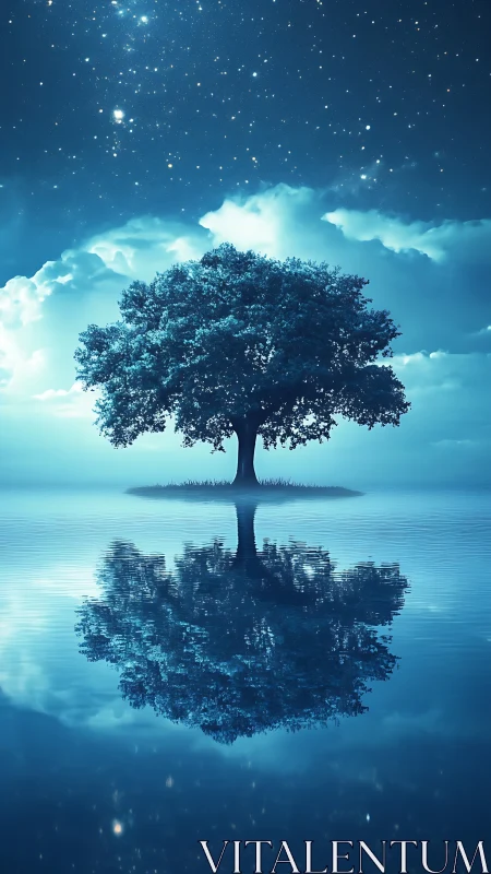 Midnight wish tree mirrored on a moonlit still lake.