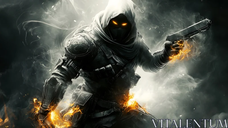 Ember-eyed rogue gunslinger strides through spectral smoke.