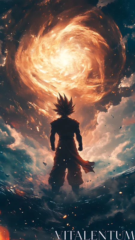 Backlit energy warrior facing turbulent cosmic vortex.