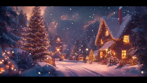 Snowy village street glows under festive winter lights.