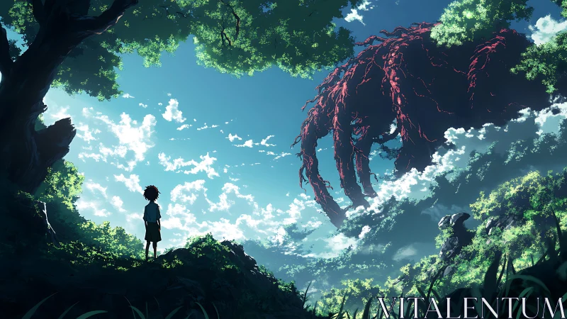 Child meets skyward forest giant under drifting clouds.