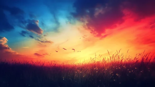 Gradient-saturated sunset sky over silhouetted meadow with birds in flight