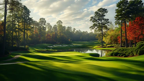 Sunlit championship golf fairway framed by autumnal pines