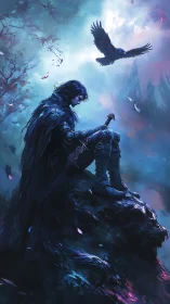 Solitary raven knight broods under a bioluminescent storm sky