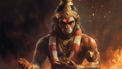 Firelit warrior monkey deity crowned in molten dusk.