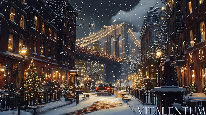 Snowy Brooklyn bridge street glowing with cozy holiday lights.
