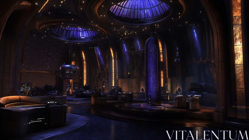 Futuristic control hall shows curved architecture and blue light