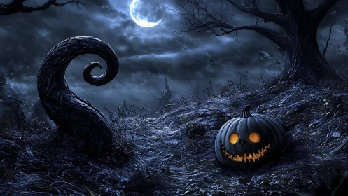 Playful jack o’ lantern glowing under a haunting moonlit sky.