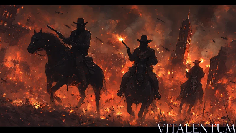 Outlaw riders charge through a burning, war-torn frontier city