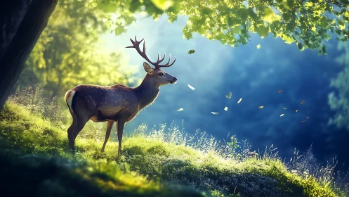 Majestic stag in sunlit forest clearing, dreamy nature photography.