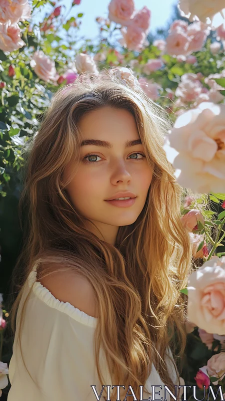 Sunlit portrait of young woman framed by soft pink roses.
