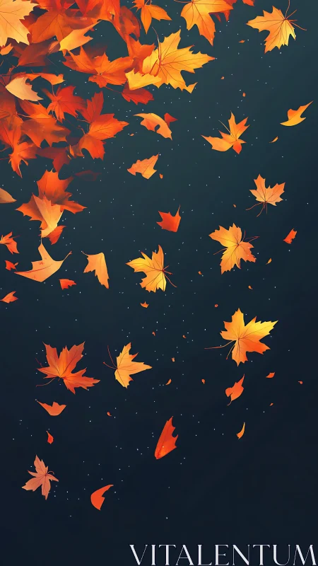 Autumn maple leaves drift across deep teal negative space.