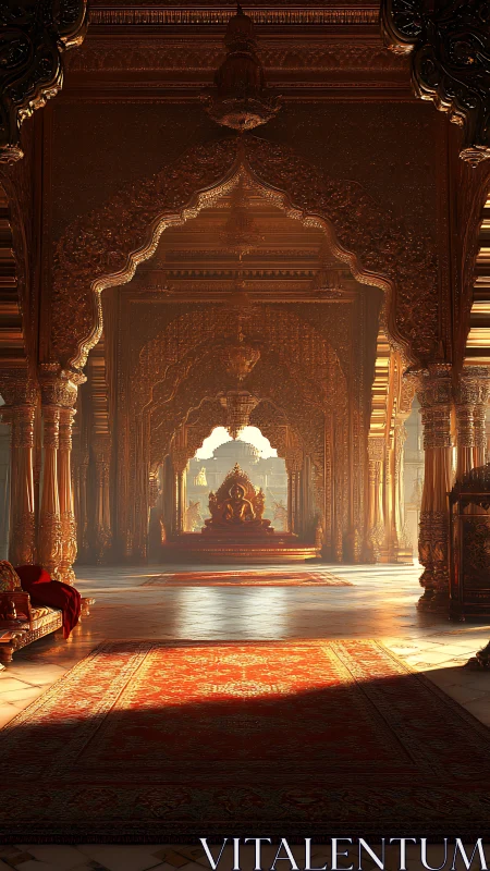 Sunlit golden throne hall unfolding in endless regal arches.