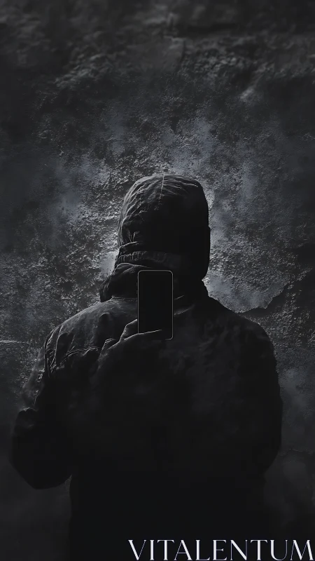Hooded figure with smartphone in moody low key lighting.