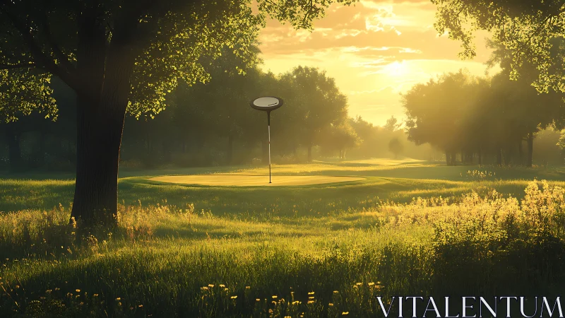 Sunlit forest fairway with disc golf target in diffuse haze.