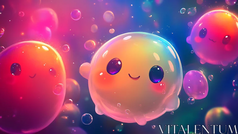 Glowing jelly friends float happily in a dreamy rainbow sky