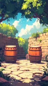 Digital painting of stone courtyard with sunlit barrels.