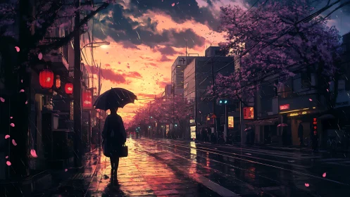 Rain-soaked cherry blossom street captures atmospheric urban dusk