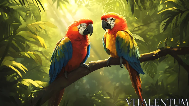 Vibrant Macaws on Jungle Branch, Digital Art Illustration.