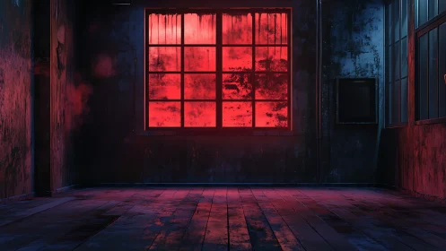 Deserted industrial room under harsh red window glow.