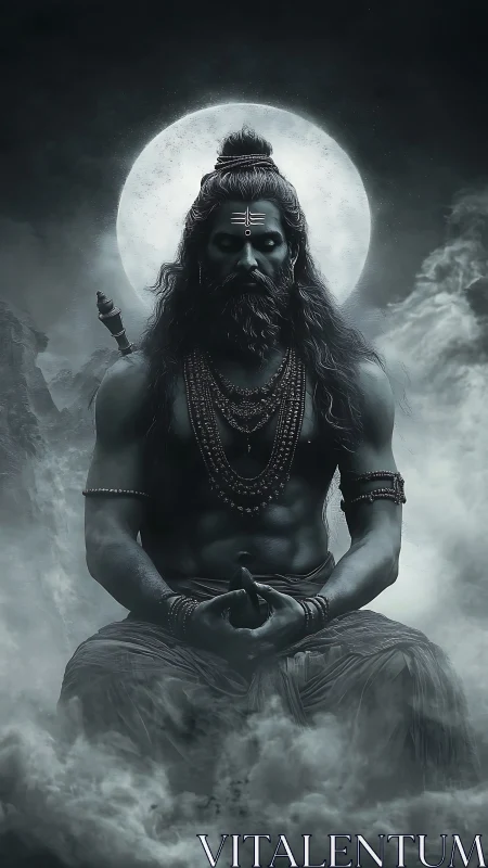Mythic ascetic meditates beneath full moonlit mist.