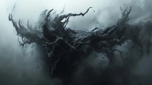Nebulous skeletal wraith forms from turbulent volumetric fog