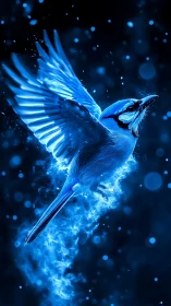 Luminous blue jay soaring through a dreamy night sky.