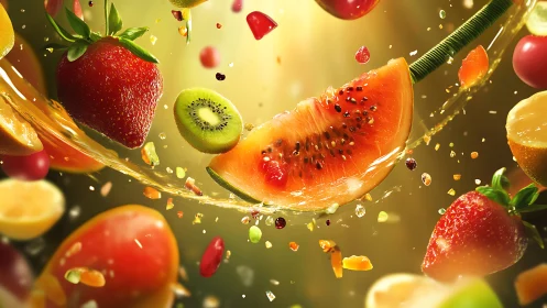 Digital painting of dynamic splash composition with fruit forms.