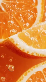 High-magnification citrus slices with sparkling effervescent bubbles