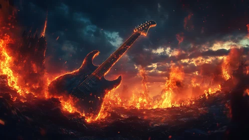 Electric guitar embedded in volcanic fiery landscape scene.