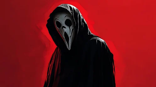 Hooded spectral figure with elongated mask on crimson field.