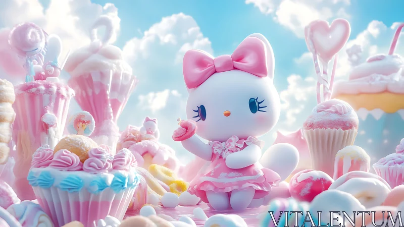 Whimsical Cat Character Among Pastel Desserts and Clouds.